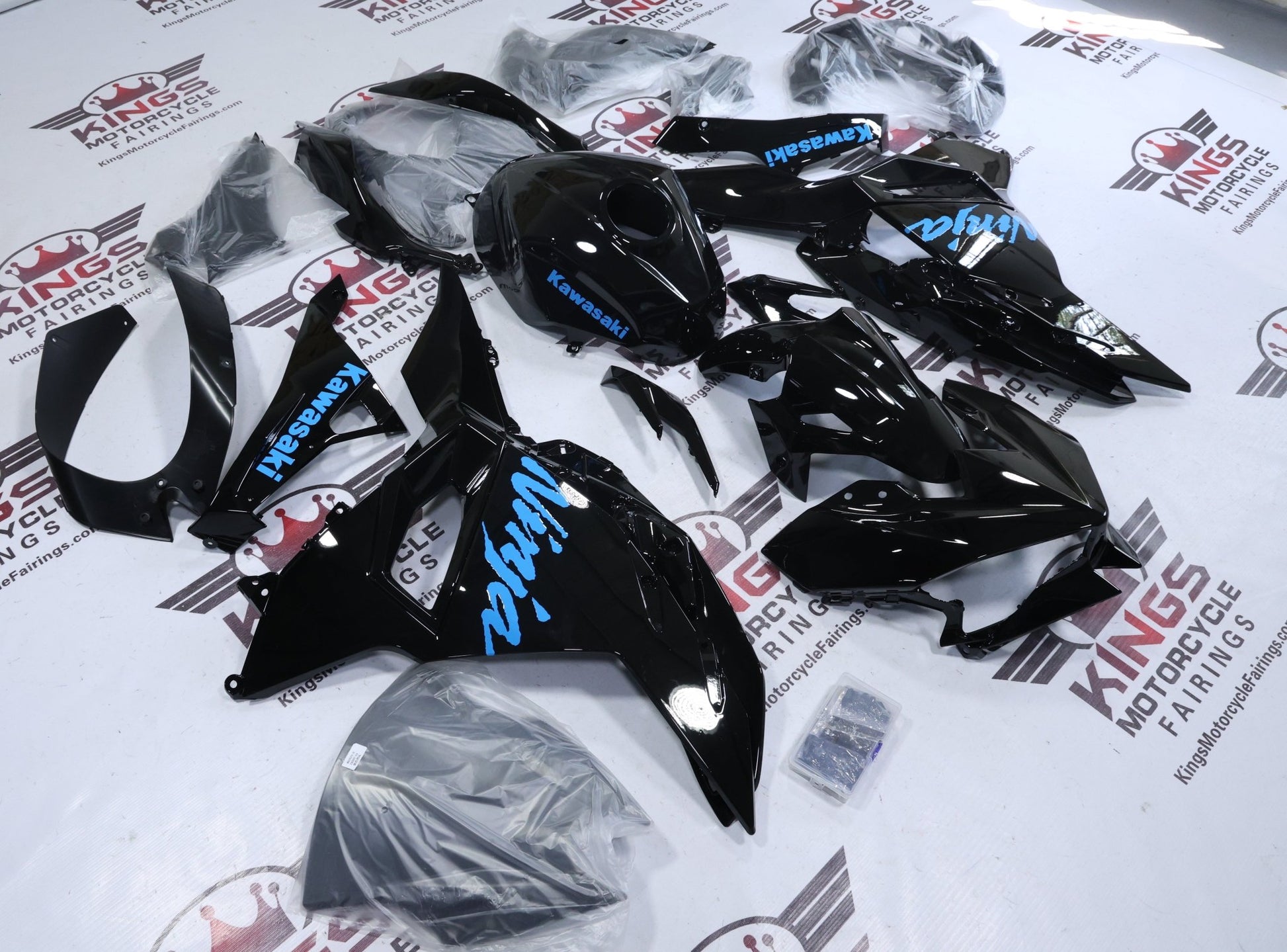 Fairings for Kawasaki Ninja 500 (2024-2025) Black, Baby Blue at KingsMotorcycleFairings.com