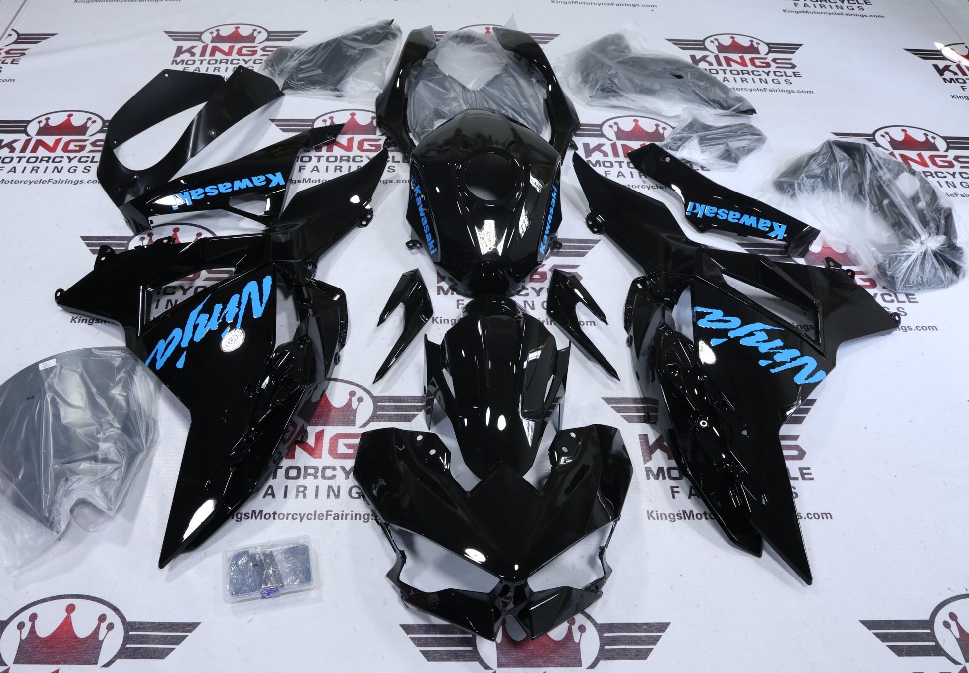 Fairings for Kawasaki Ninja 500 (2024-2025) Black, Light Blue from KingsMotorcycleFairings.com
