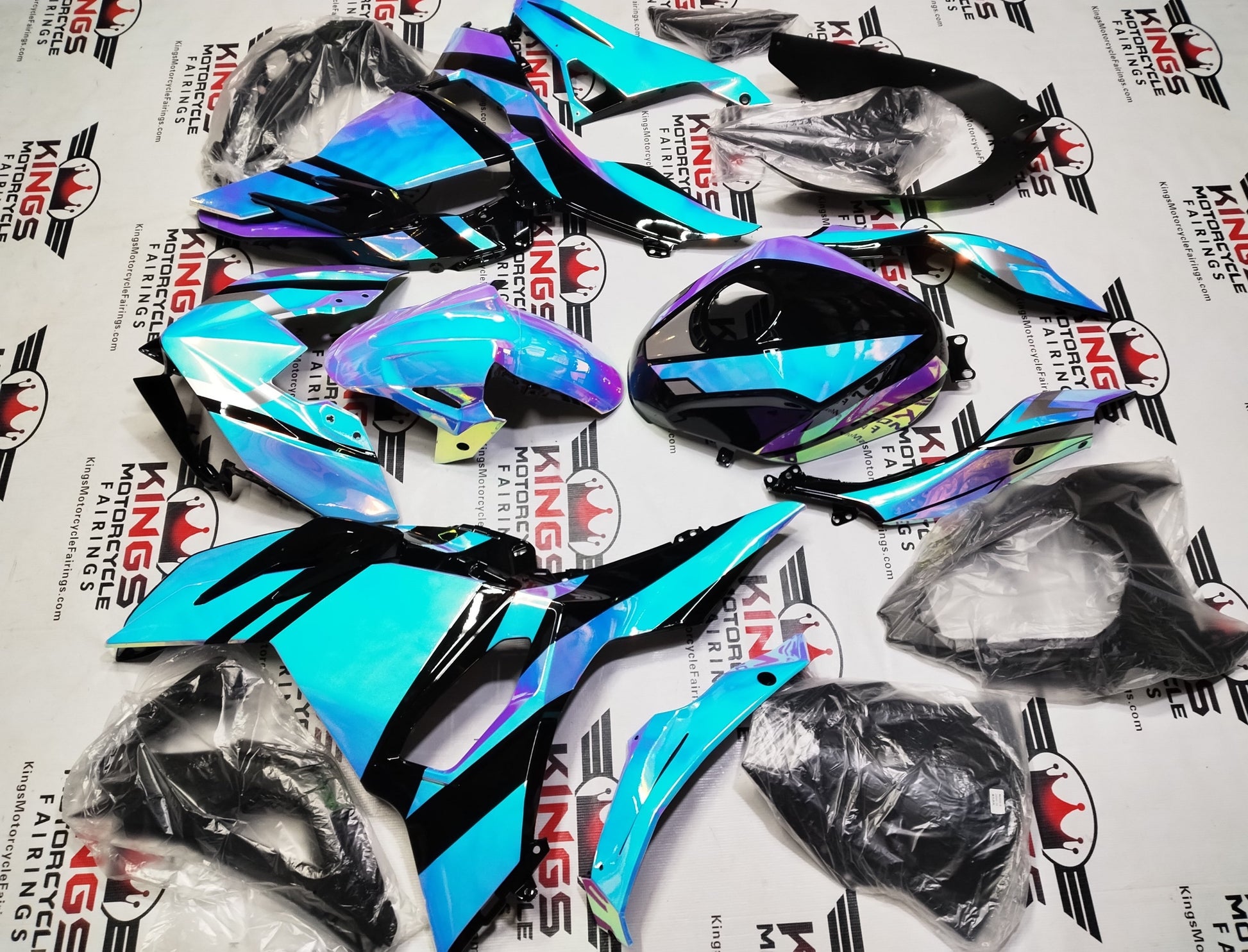 Fairings for Kawasaki Ninja 500 (2024-2025) Blue, Pink Chrome Chameleon at KingsMotorcycleFairings.com