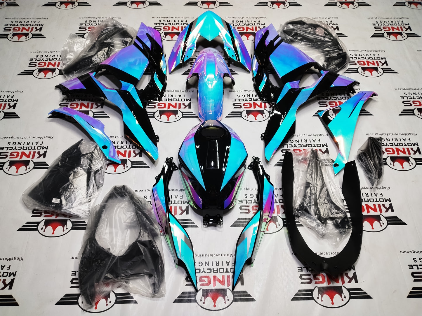 Fairings for Kawasaki Ninja 500 (2024-2025) Blue, Pink Chrome Chameleon from KingsMotorcycleFairings.com