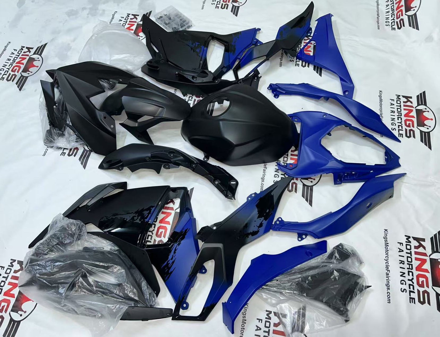 Fairings for Kawasaki Ninja 500 (2024-2025) Matte Black, Blue Splash at KingsMotorcycleFairings.com