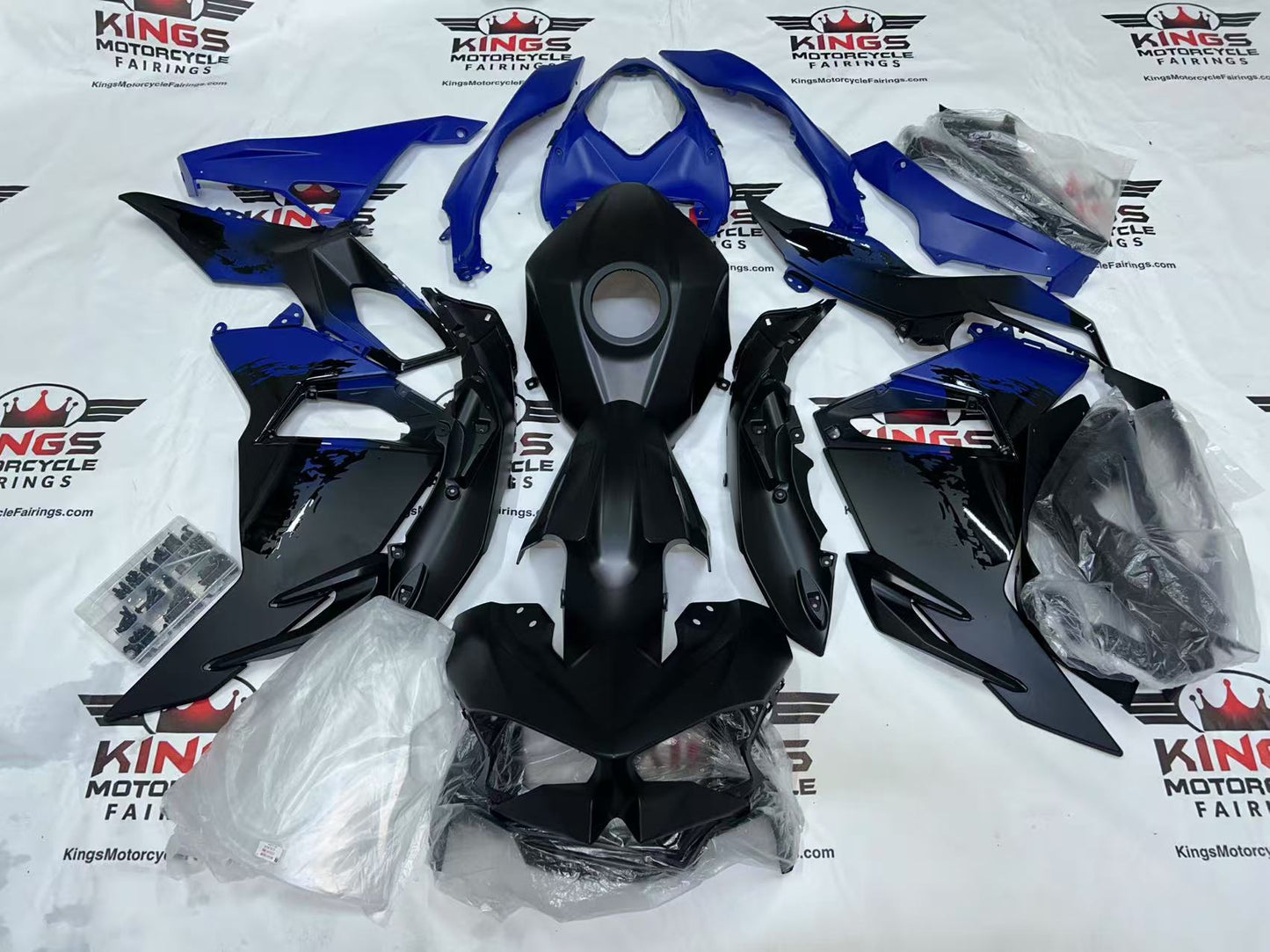 Fairings for Kawasaki Ninja 500 (2024-2025) Matte Black, Blue Splash from KingsMotorcycleFairings.com