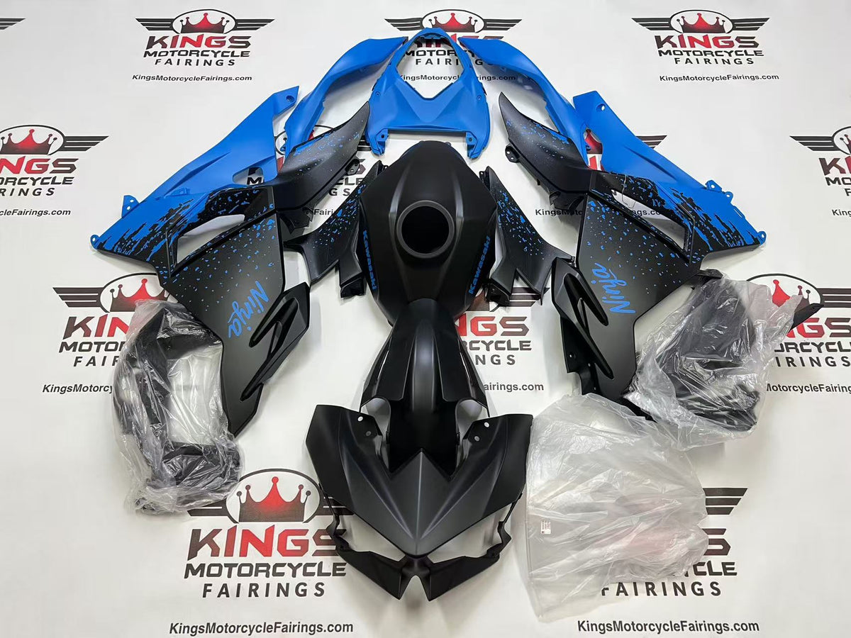 Fairings for Kawasaki Ninja 500 (2024-2025) Matte Black, Matte Blue Splash at KingsMotorcycleFairings.com