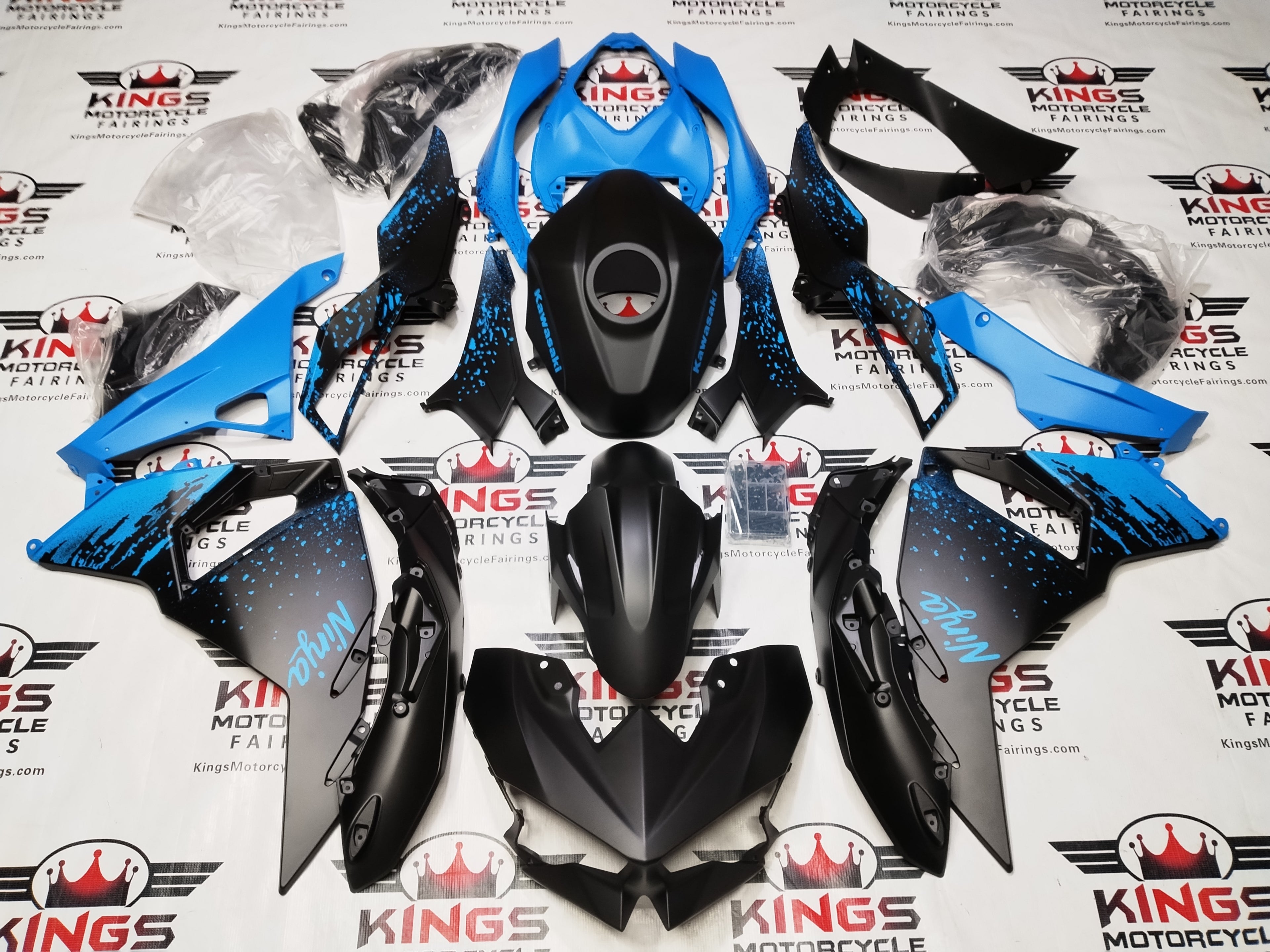 Fairings for Kawasaki Ninja 500 (2024-2025) Matte Black, Matte Blue Spray at KingsMotorcycleFairings.com