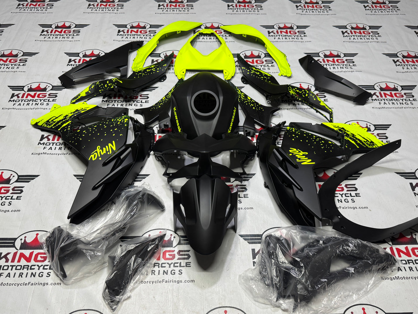 Fairings for Kawasaki Ninja 500 (2024-2025) Matte Black, Neon Yellow Spray at KingsMotorcycleFairings.com