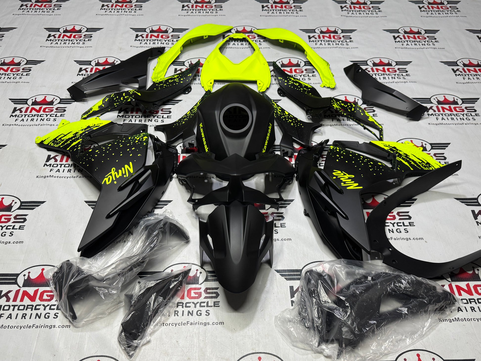 Fairings for Kawasaki Ninja 500 (2024-2025) Matte Black, Neon Yellow Spray at KingsMotorcycleFairings.com