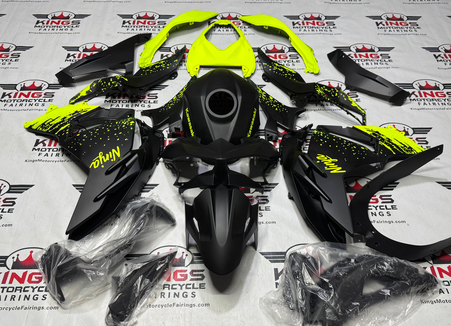 Fairings for Kawasaki Ninja 500 (2024-2025) Matte Black, Neon Yellow Spray from KingsMotorcycleFairings.com