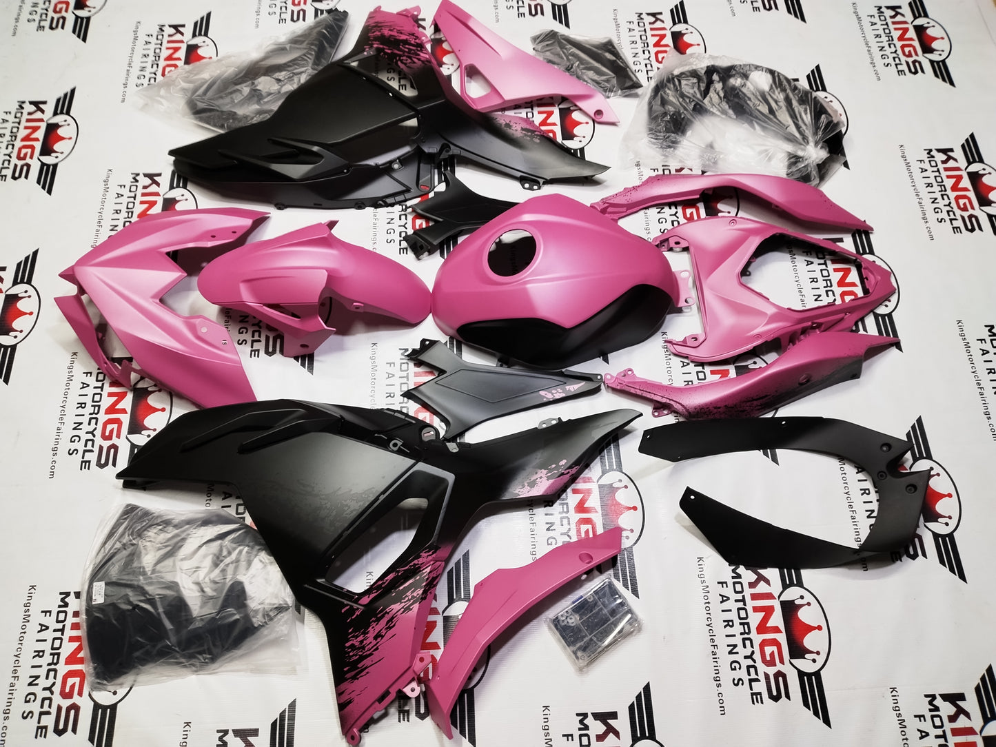Fairings for Kawasaki Ninja 500 (2024-2025) Matte Black, Pink Splash at KingsMotorcycleFairings.com