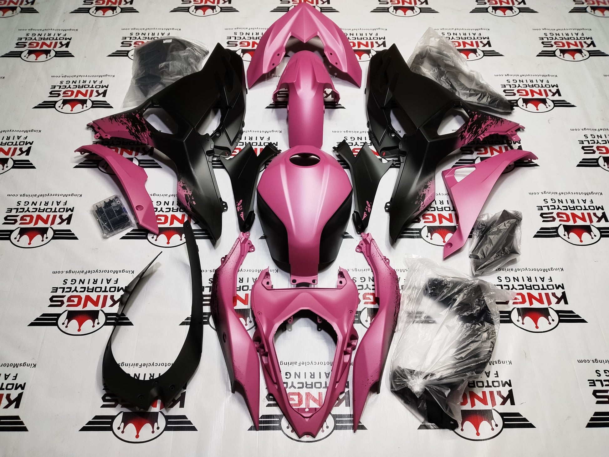 Fairings for Kawasaki Ninja 500 (2024-2025) Matte Black, Pink Splash from KingsMotorcycleFairings.com