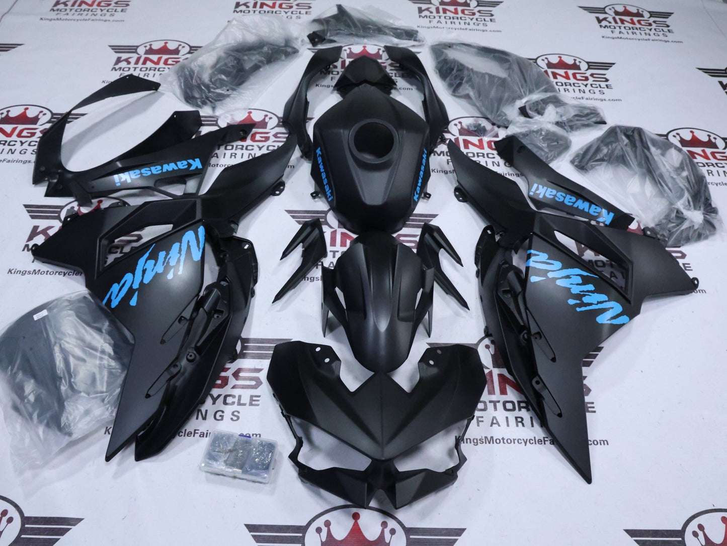 Fairings for Kawasaki Ninja 500 (2024-2025) Matte Black, Sky Blue at KingsMotorcycleFairings.com