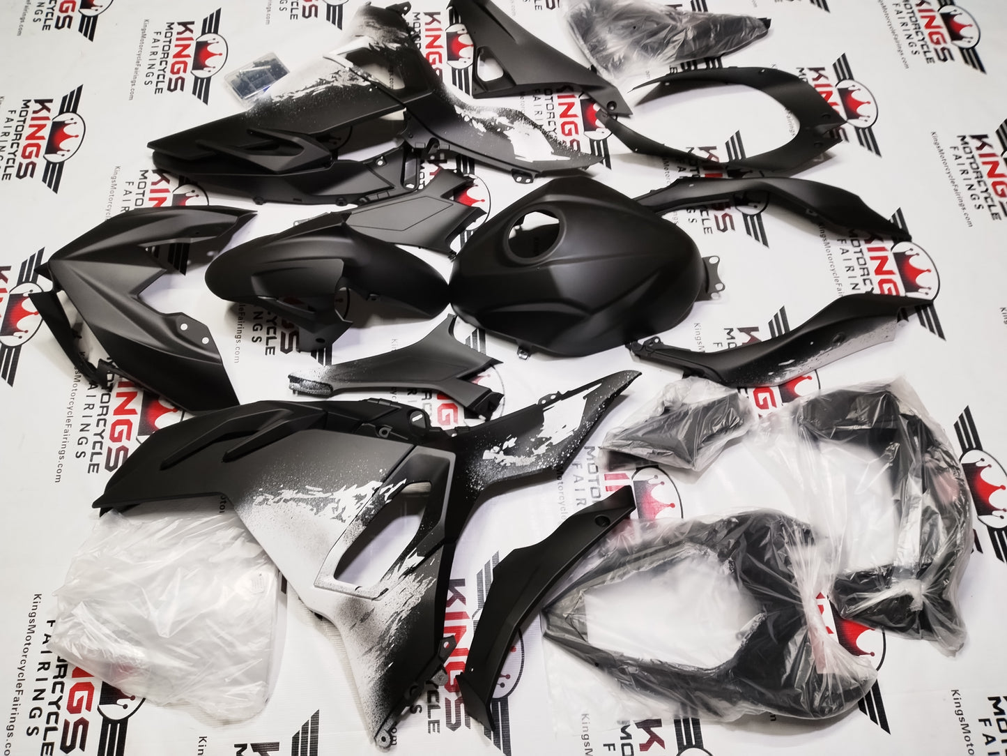 Fairings for Kawasaki Ninja 500 (2024-2025) Matte Black, White Splash at KingsMotorcycleFairings.com