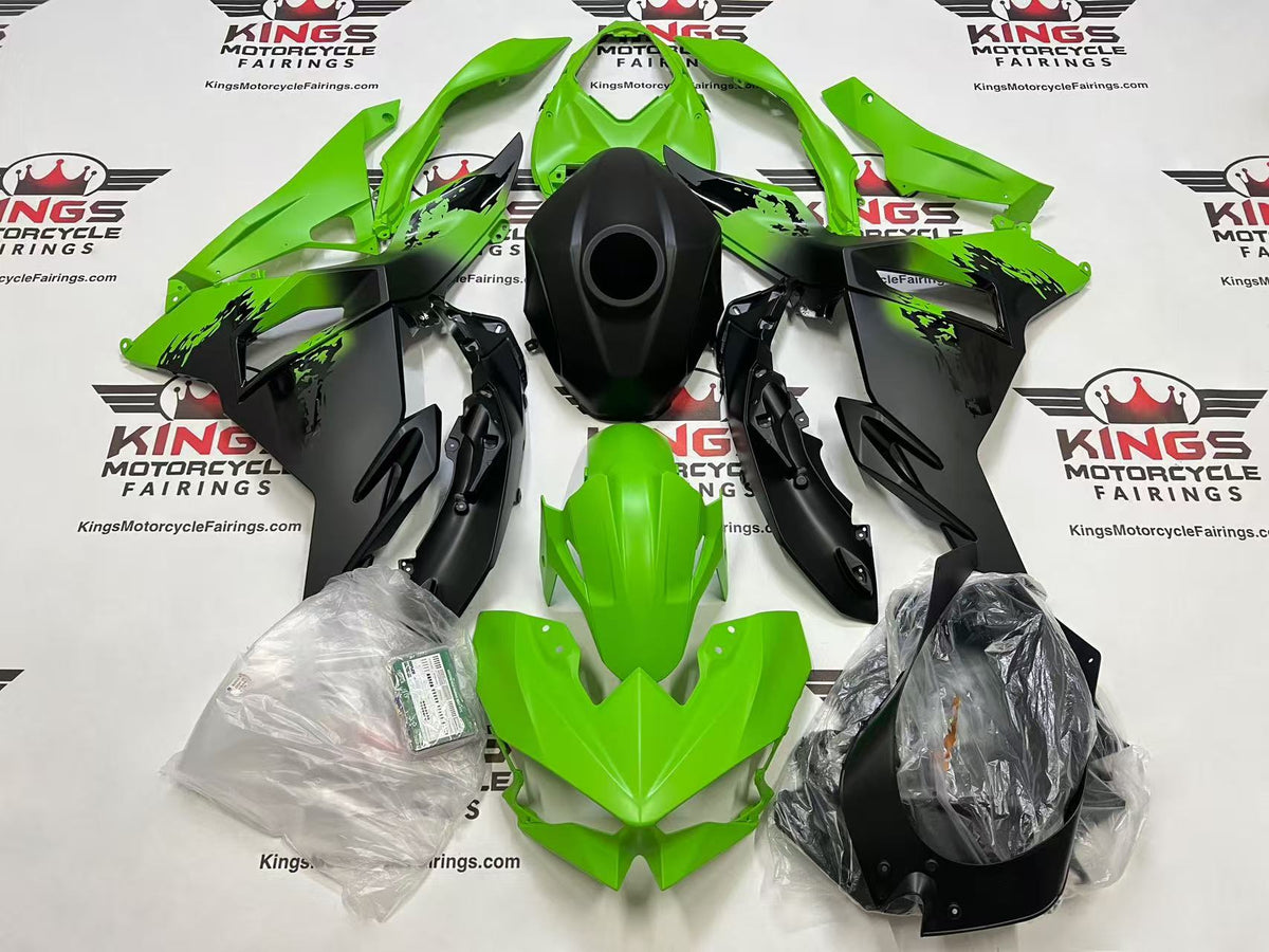 Fairings for Kawasaki Ninja 500 (2024-2025) Matte Green, Matte Black, Black Splash from KingsMotorcycleFairings.com