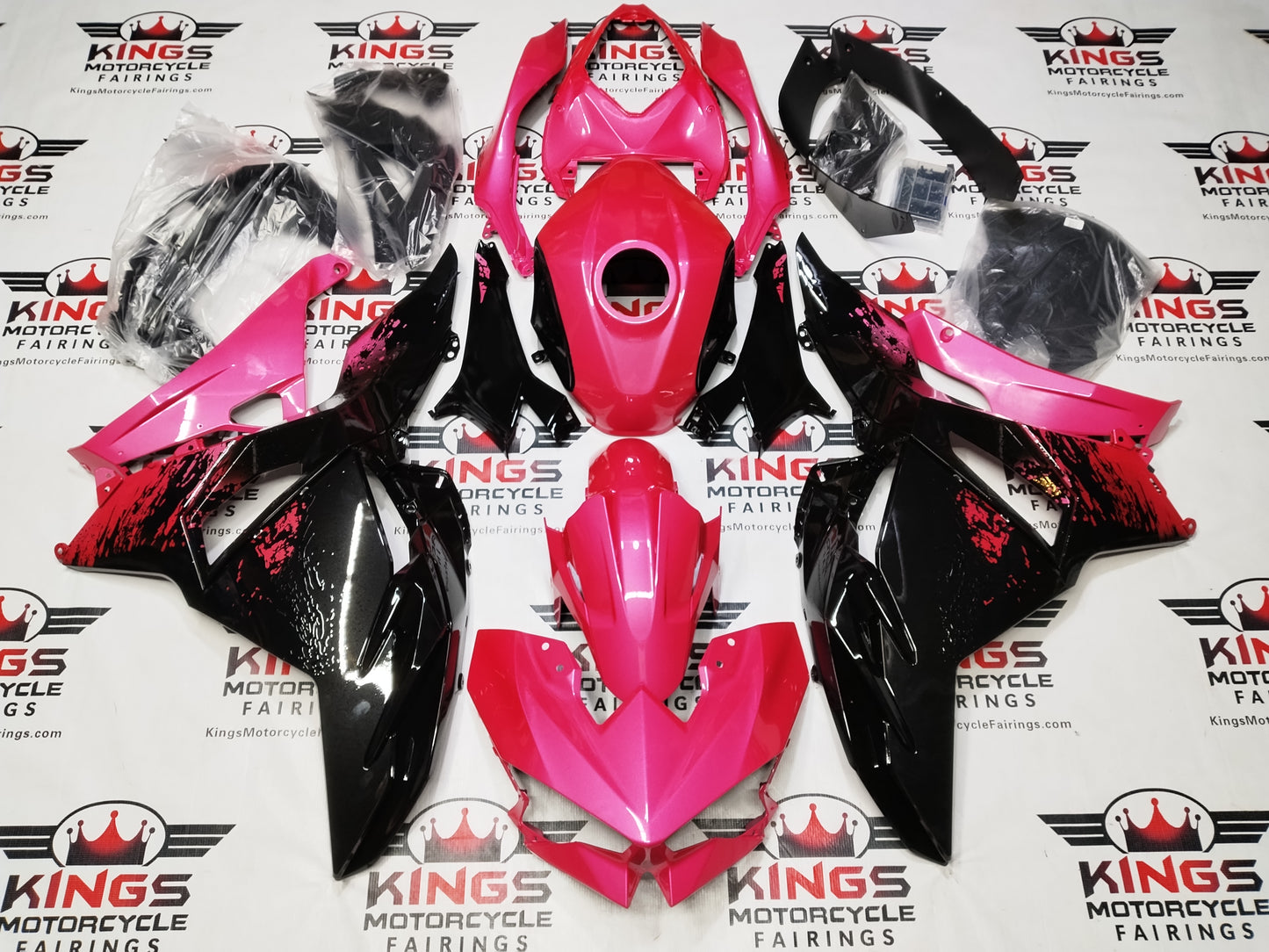 Fairings for Kawasaki Ninja 500 (2024-2025) Pink Splash, Black Gloss at KingsMotorcycleFairings.com