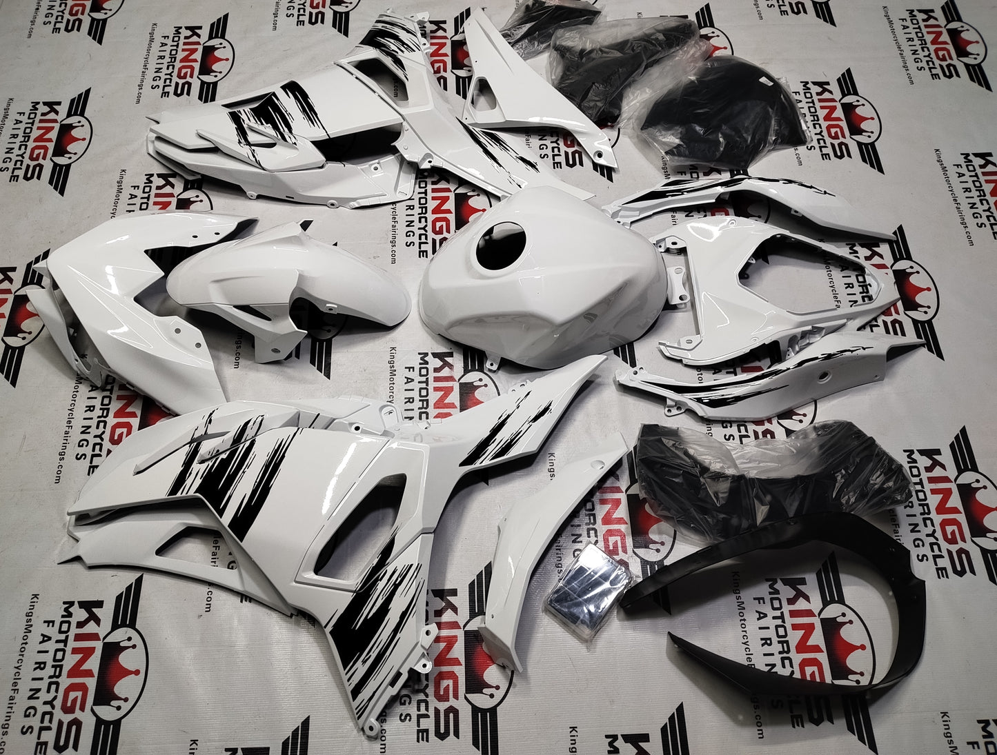 Fairings for Kawasaki Ninja 500 (2024-2025) White, Black Brush Stripes at KingsMotorcycleFairings.com