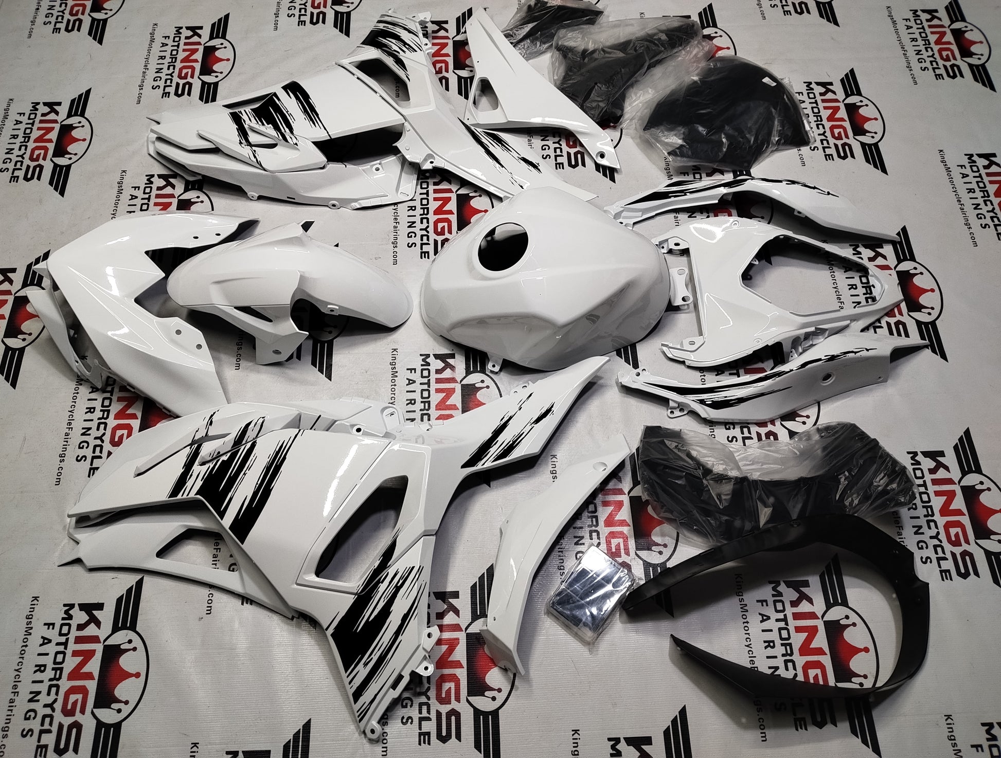 Fairings for Kawasaki Ninja 500 (2024-2025) White, Black Brush Stripes at KingsMotorcycleFairings.com