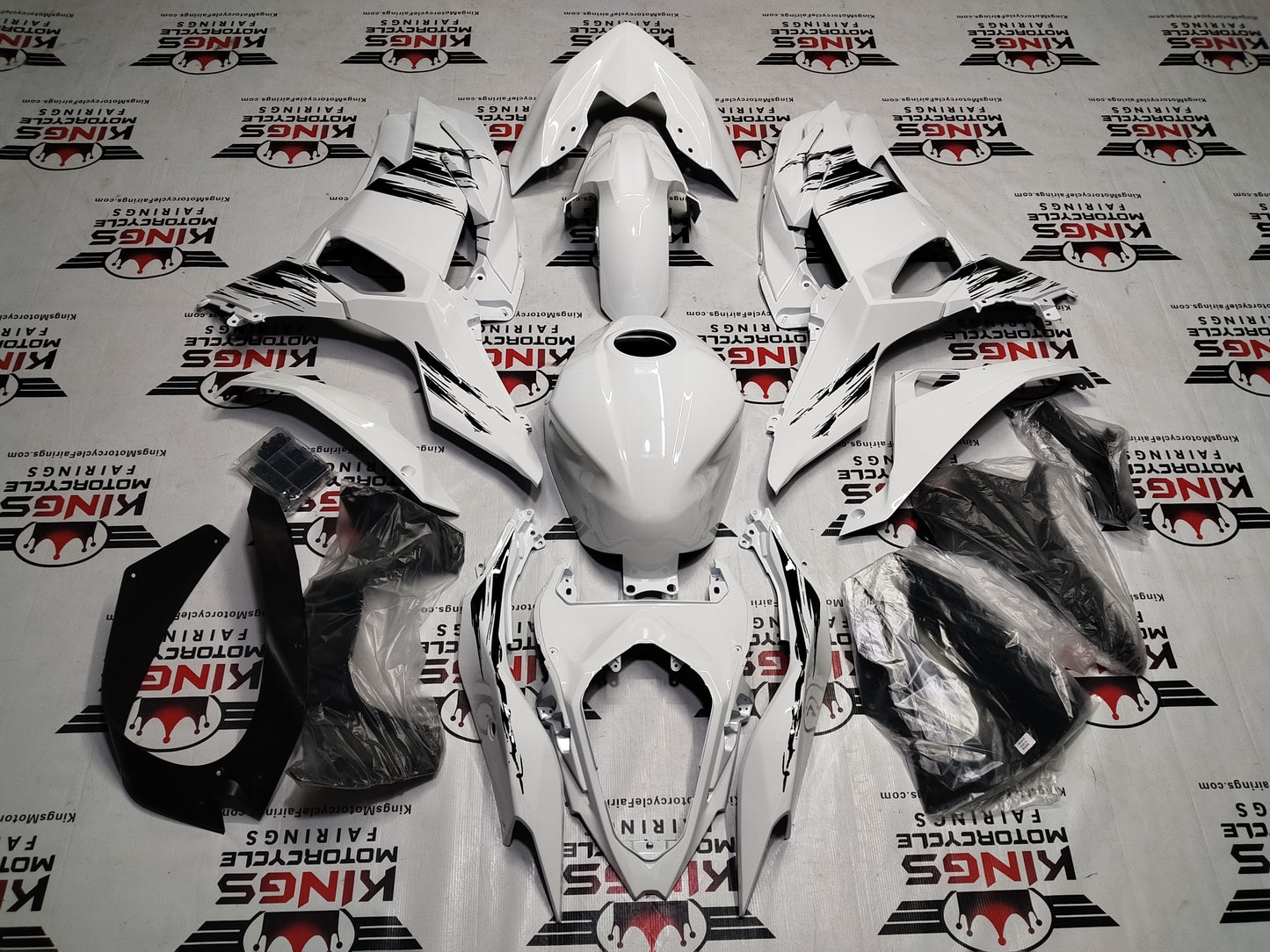 Fairings for Kawasaki Ninja 500 (2024-2025) White, Black Brush Strokes from KingsMotorcycleFairings.com