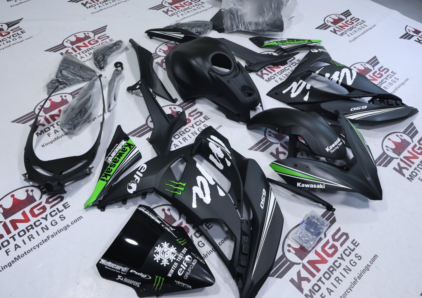 Fairings for Kawasaki Ninja 650 (2017-2019) Matte Black, Green, White Elf at KingsMotorcycleFairings.com