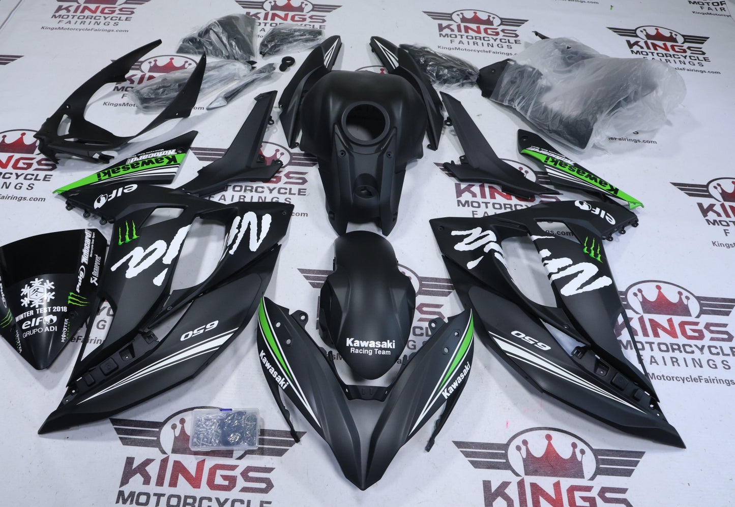 Fairings for Kawasaki Ninja 650 (2017-2019) Matte Black, Green, White Elf from KingsMotorcycleFairings.com