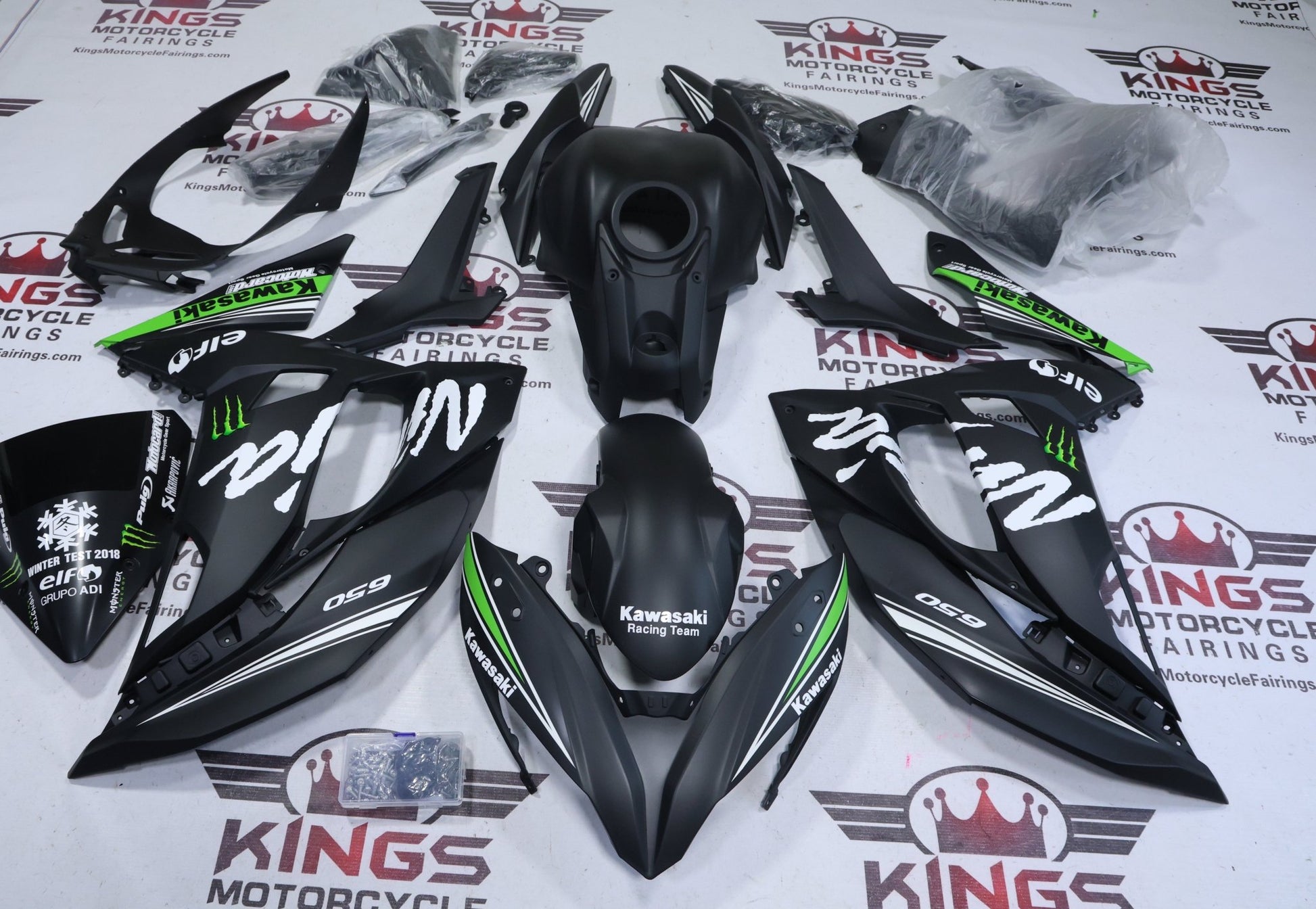 Fairings for Kawasaki Ninja 650 (2017-2019) Matte Black, Green, White Elf from KingsMotorcycleFairings.com