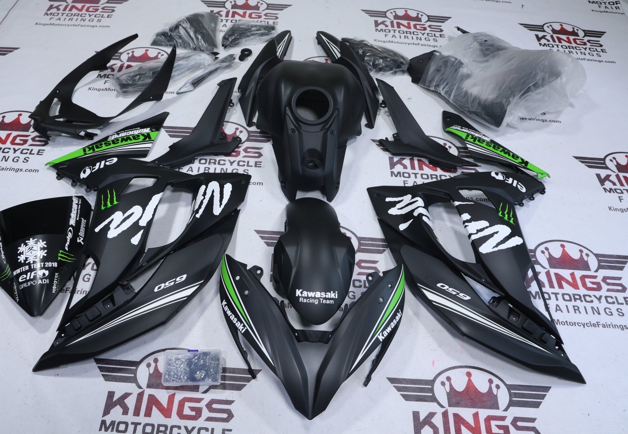 Fairings for Kawasaki Ninja 650 (2017-2019) Matte Black, Green, White Elf from KingsMotorcycleFairings.com