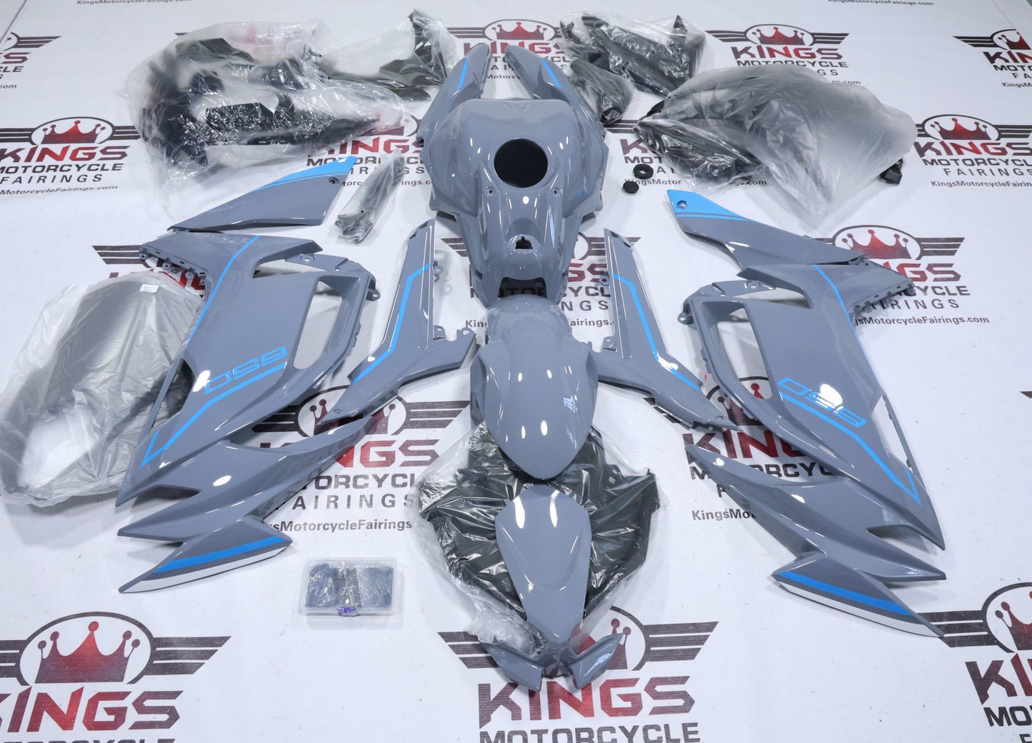 Fairings for Kawasaki Ninja 650 (2020-2025) Gloss Gray, Blue at KingsMotorcycleFairings.com