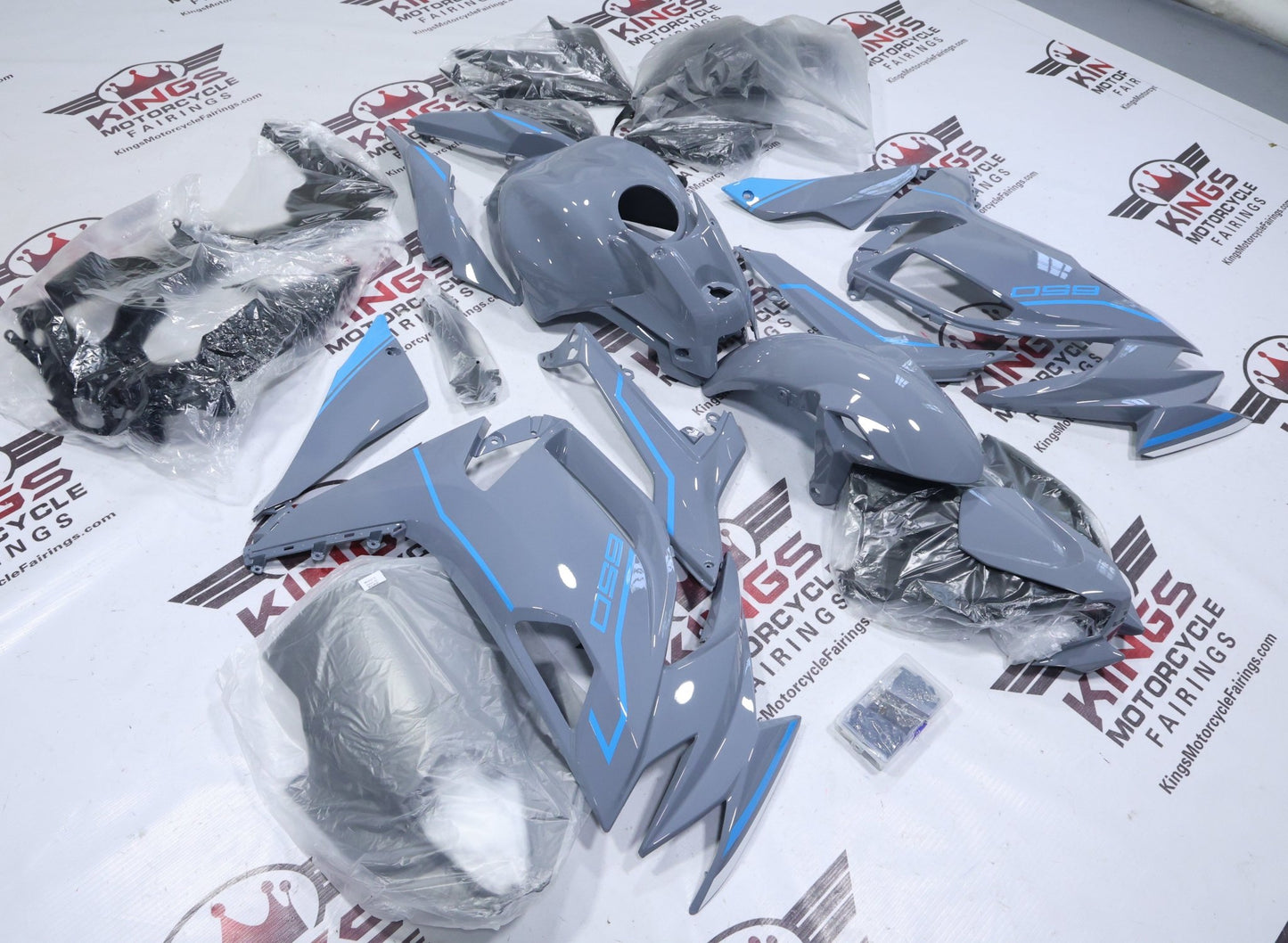 Fairings for Kawasaki Ninja 650 (2020-2025) Gloss Gray, Blue from KingsMotorcycleFairings.com