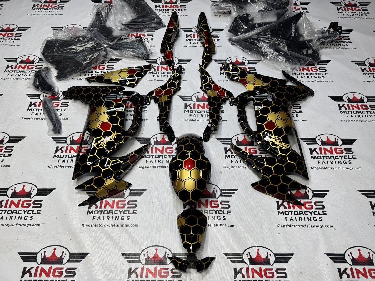 Fairings for Kawasaki Ninja 650 (2020-2025) Gold, Black, Red Honeycomb at KingsMotorcycleFairings.com