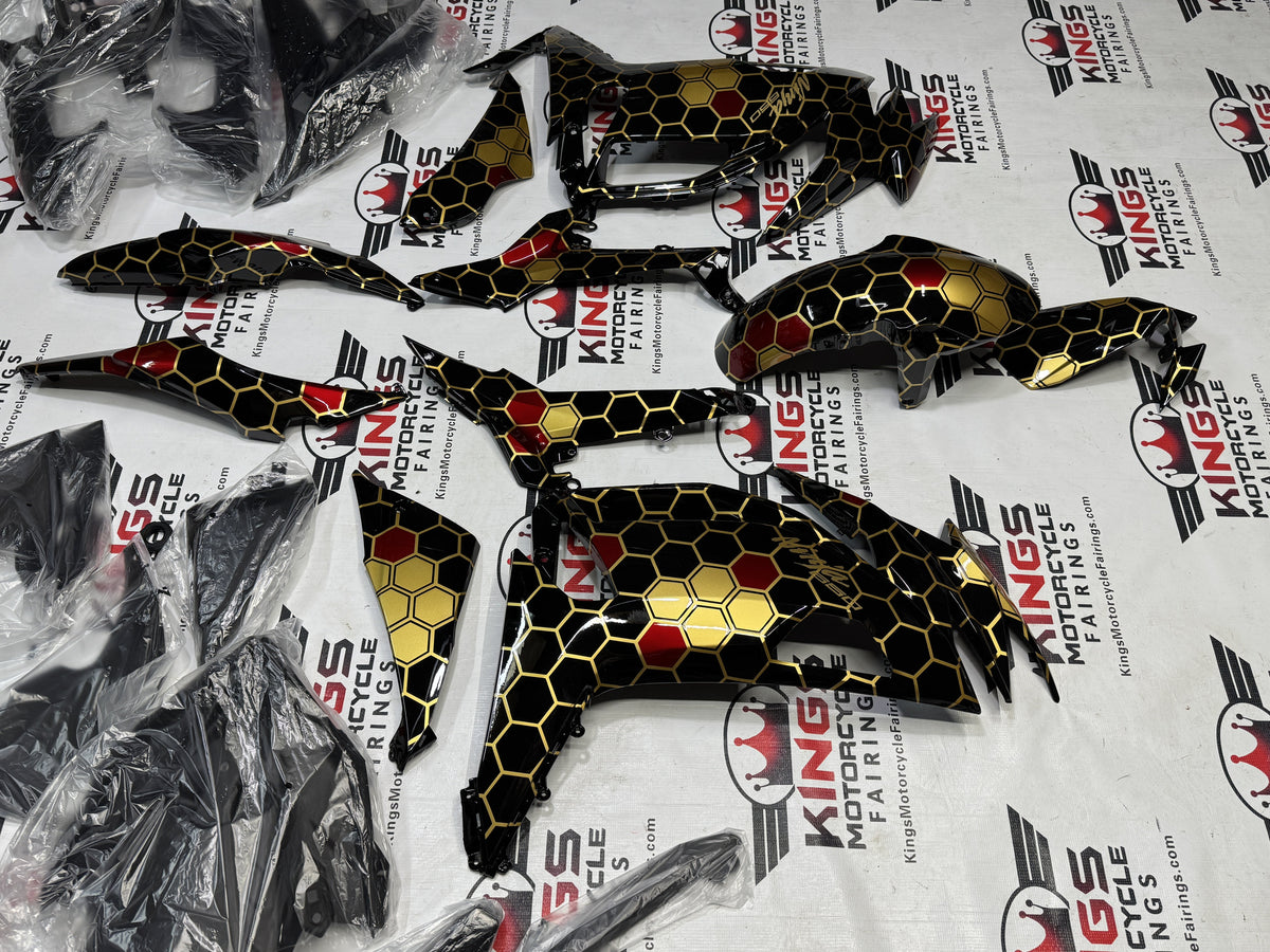 Fairings for Kawasaki Ninja 650 (2020-2025) Gold, Black, Red Honeycomb from KingsMotorcycleFairings.com