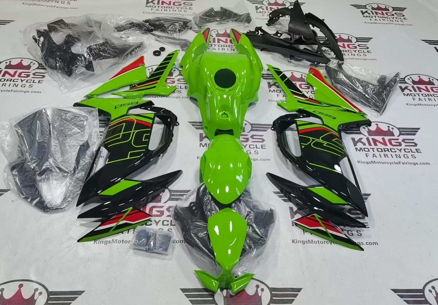 Fairings for Kawasaki Ninja 650 (2020-2025) Striped Green, Black, Red from KingsMotorcycleFairings.com