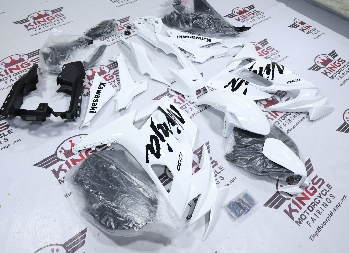 Fairings for Kawasaki Ninja 650 (2020-2025) White, Black Gloss at KingsMotorcycleFairings.com