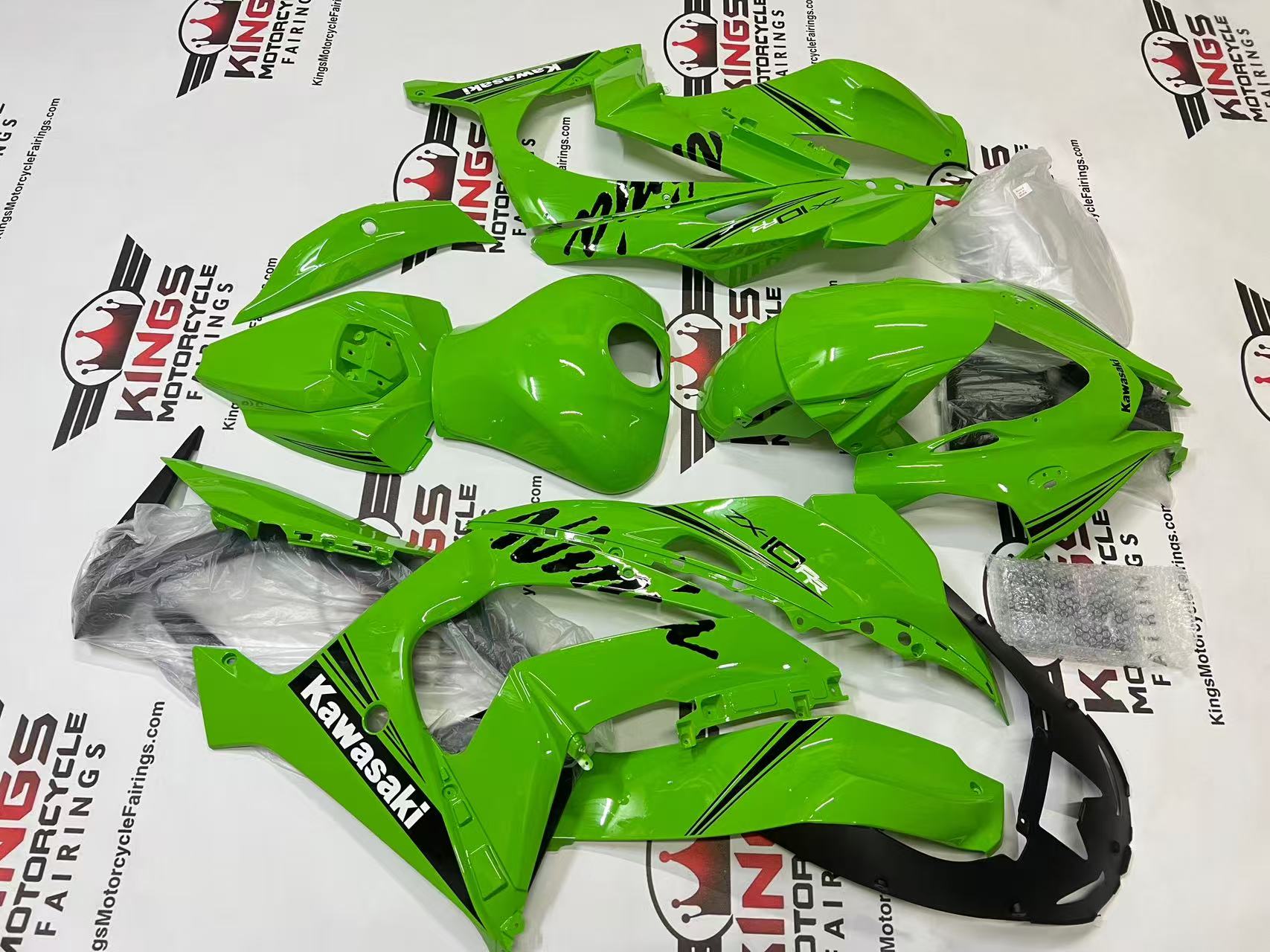 Fairings for Kawasaki Ninja ZX10R (2016-2020) Green Lime, Black Stripe, White at KingsMotorcycleFairings.com
