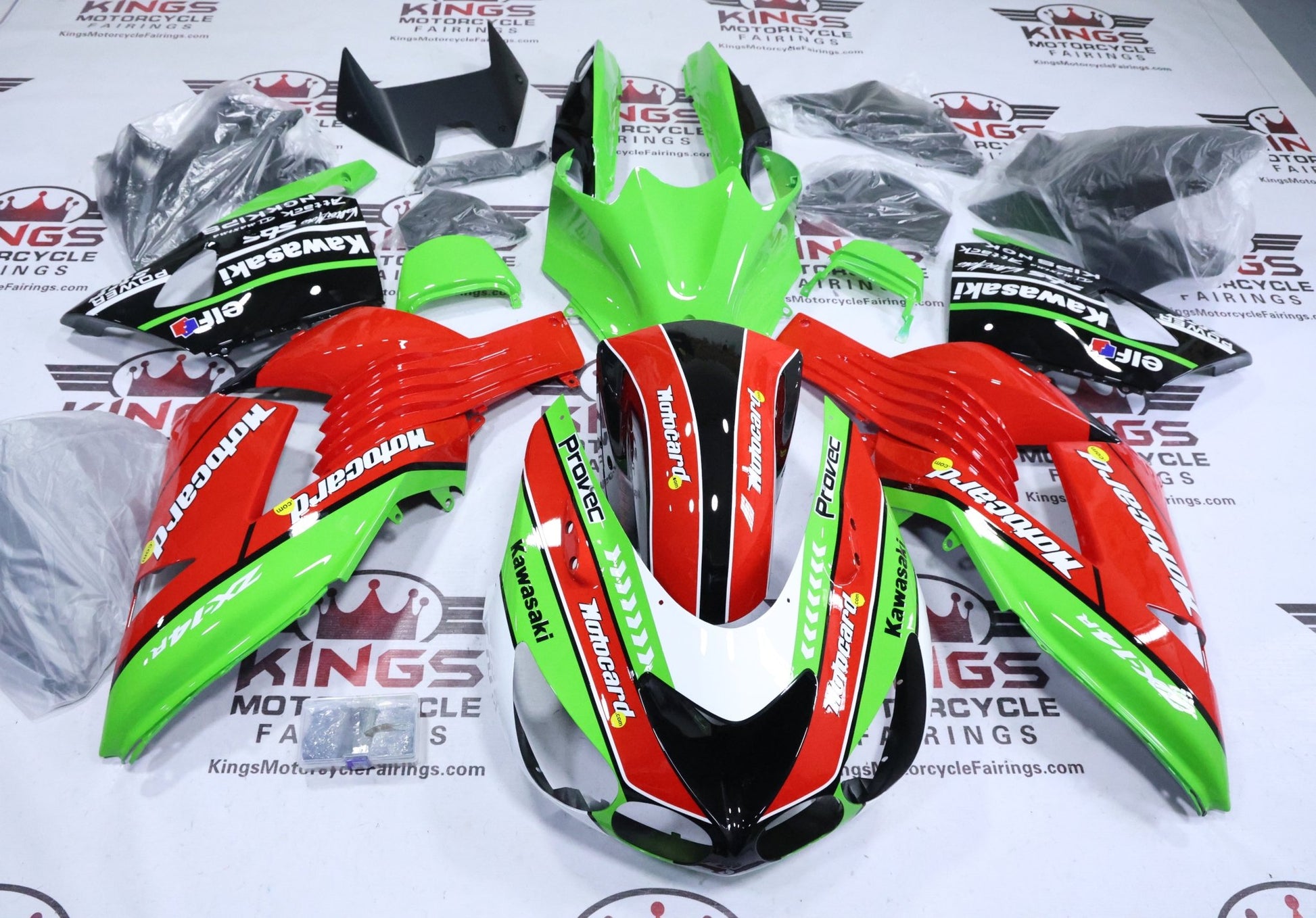 Fairings for Kawasaki Ninja ZX14R (2006-2011) Green, Red, Black Motocard at KingsMotorcycleFairings.com