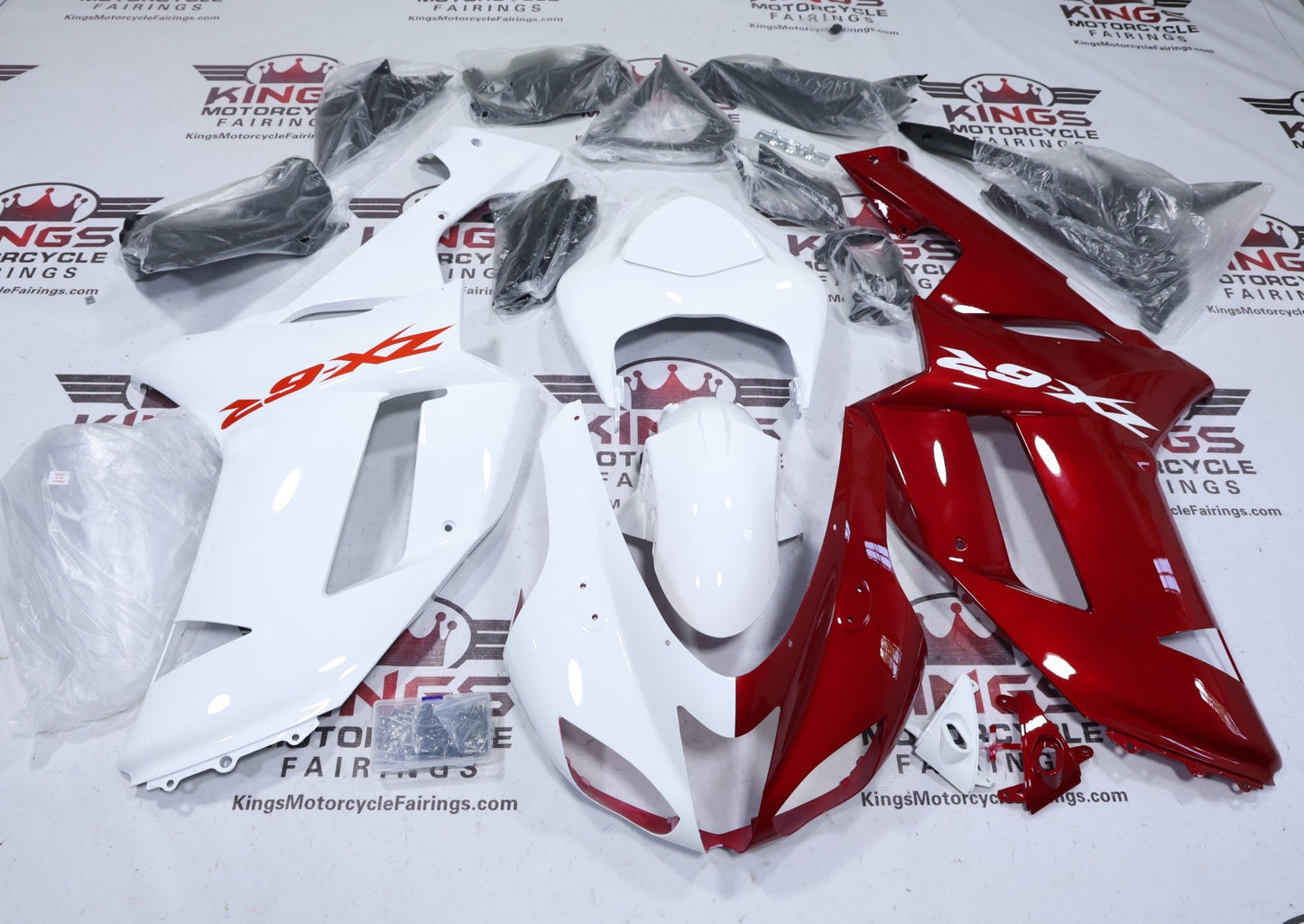 Fairings for Kawasaki Ninja ZX6R 636 (2007-2008) White, Red Split from KingsMotorcycleFairings.com