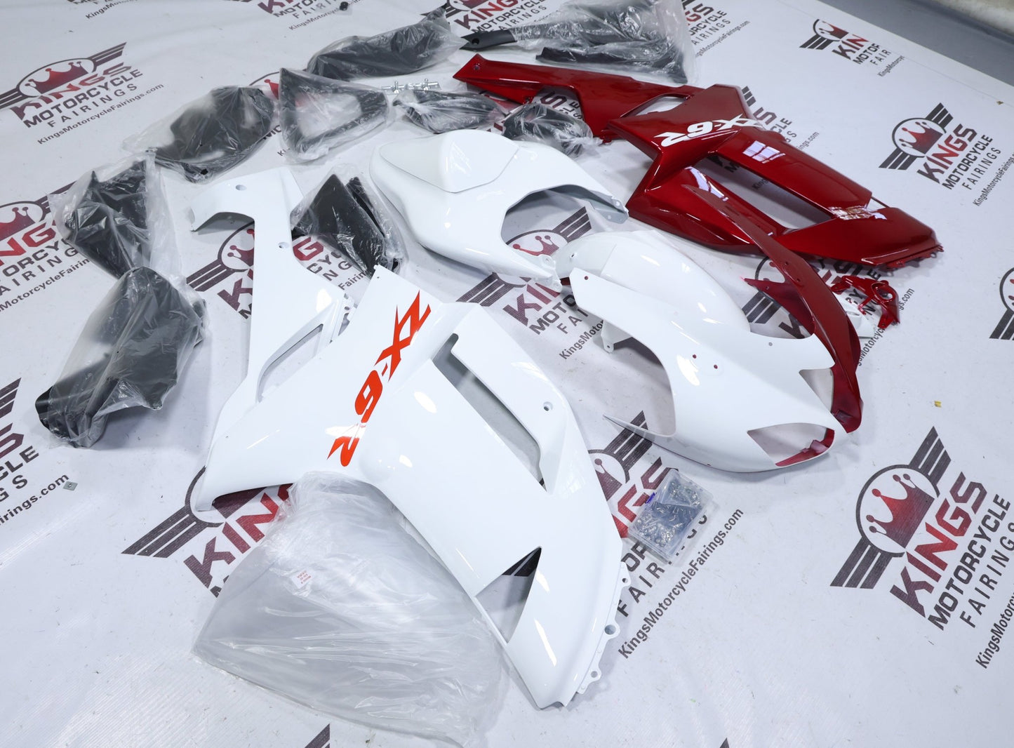 Fairings for Kawasaki Ninja ZX6R 636 (2007-2008) White, Red Split at KingsMotorcycleFairings.com