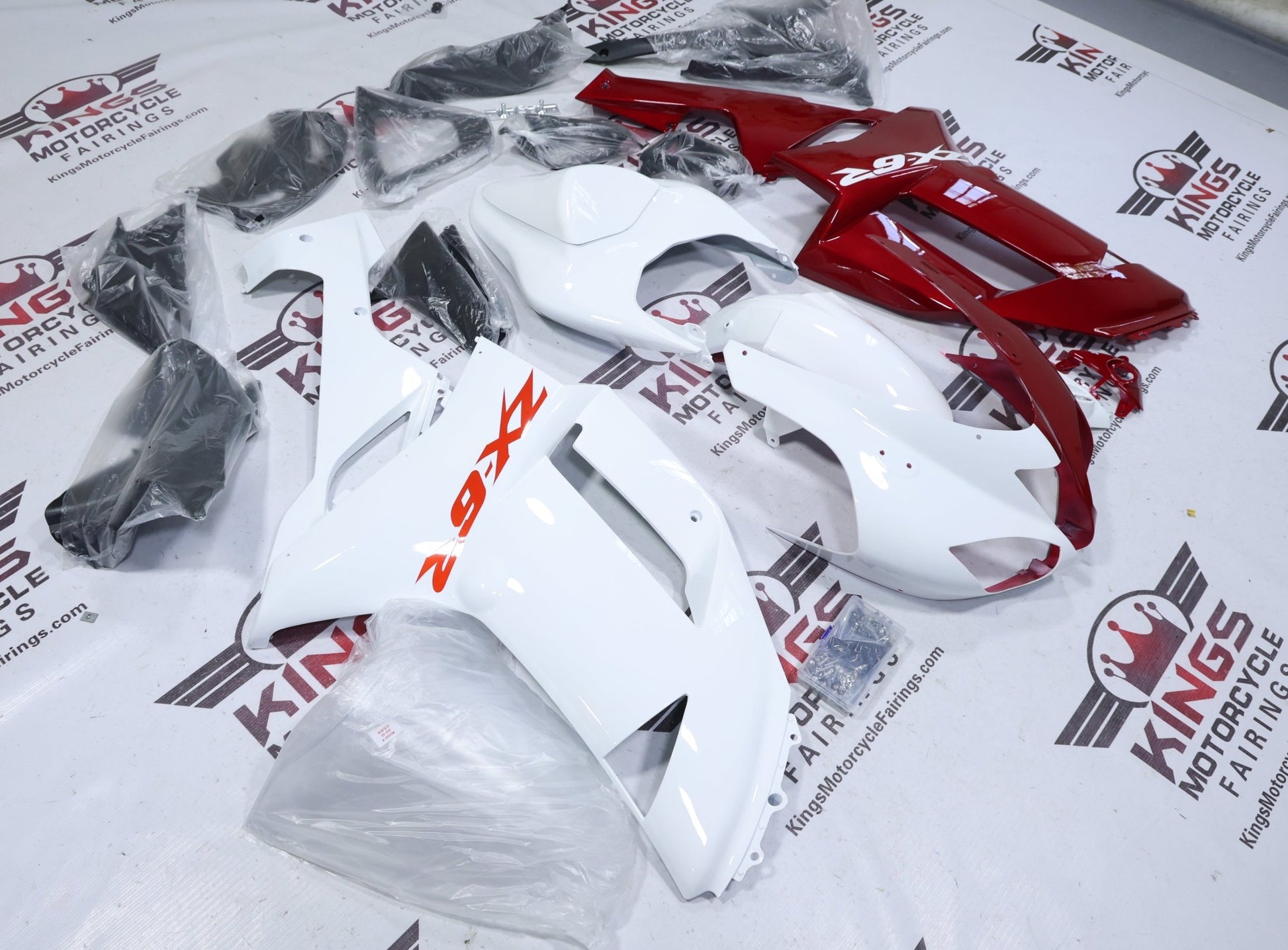 Fairings for Kawasaki Ninja ZX6R 636 (2007-2008) White, Red Split at KingsMotorcycleFairings.com