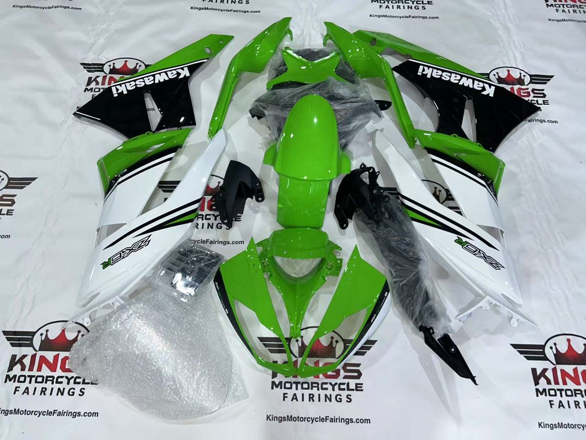 Fairings for Kawasaki Ninja ZX6R 636 (2009-2012) White, Green, Black Stripe at KingsMotorcycleFairings.com