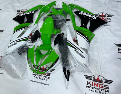 Fairings for Kawasaki Ninja ZX6R 636 (2009-2012) White, Green, Black Stripe from KingsMotorcycleFairings.com