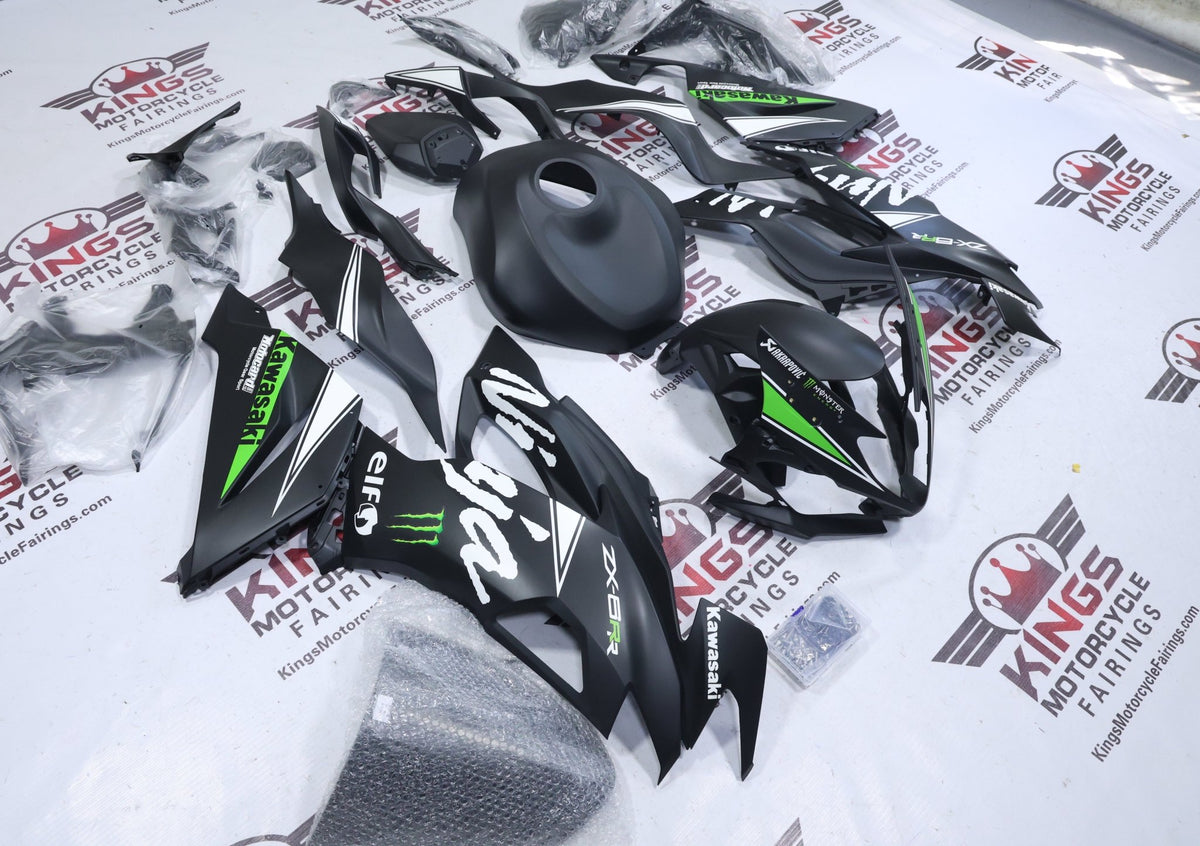 Fairings for Kawasaki Ninja ZX6R 636 (2019-2023) Matte Black, Green, White Elf at KingsMotorcycleFairings.com