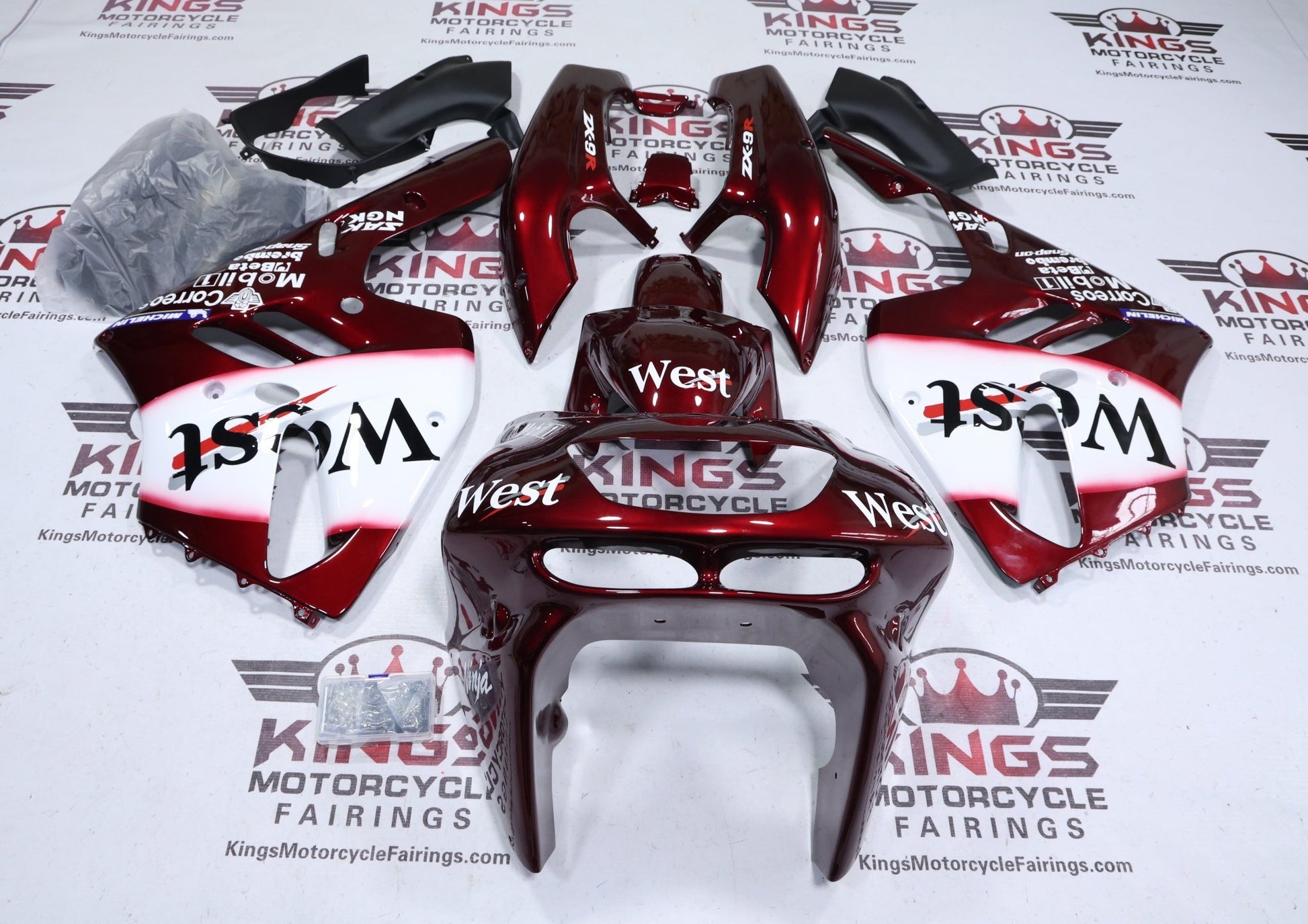 Fairings for Kawasaki ZX-9R (1994-1997) Red Wine, White West at KingsMotorcycleFairings.com