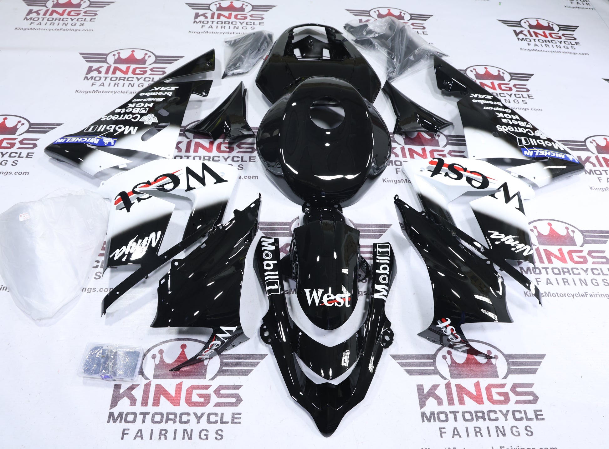 Fairings for Kawasaki ZX10R (2004-2005) Black, White Mobile1 West at KingsMotorcycleFairings.com