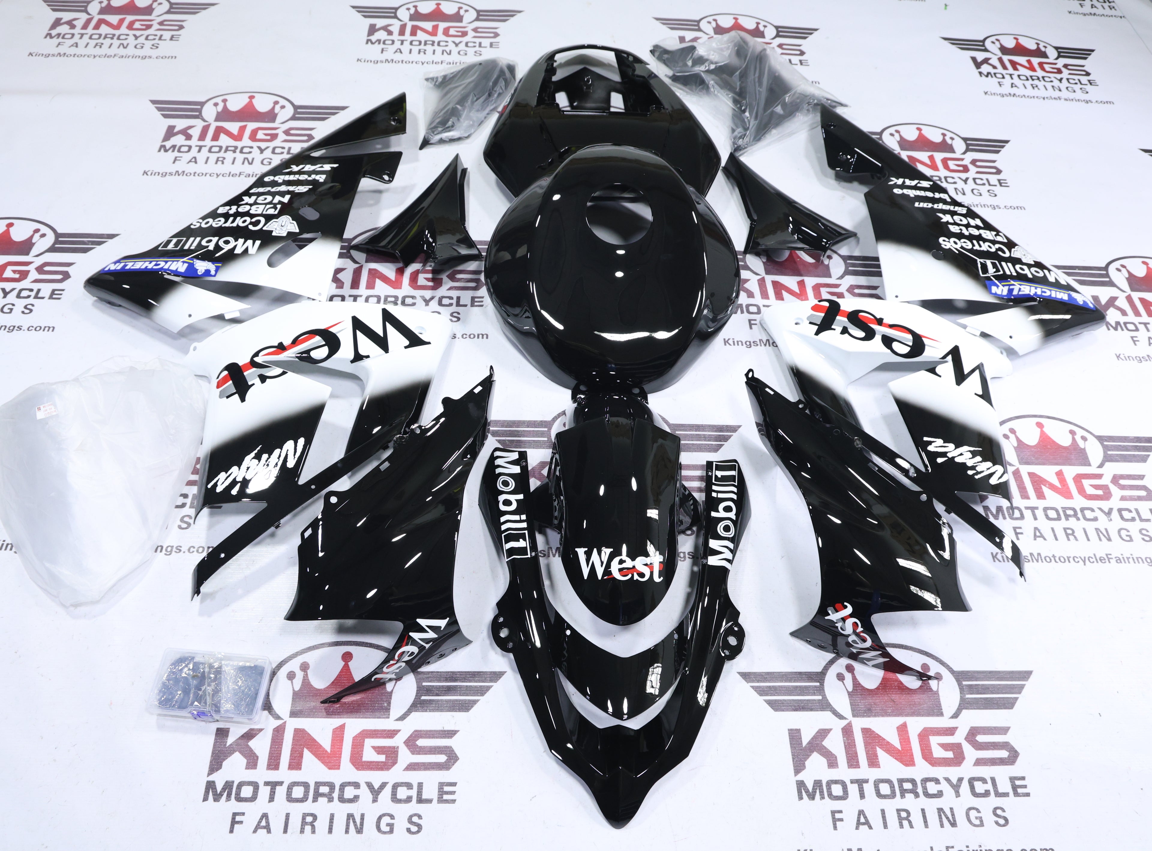 Fairings for Kawasaki ZX10R (2004-2005) Black, White Mobile1 West at KingsMotorcycleFairings.com