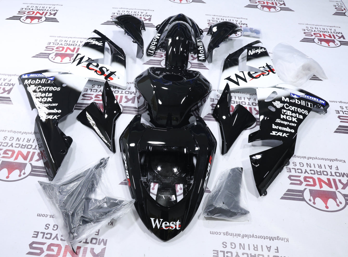 Fairings for Kawasaki ZX10R (2004-2005) Black, White Mobile1 West from KingsMotorcycleFairings.com