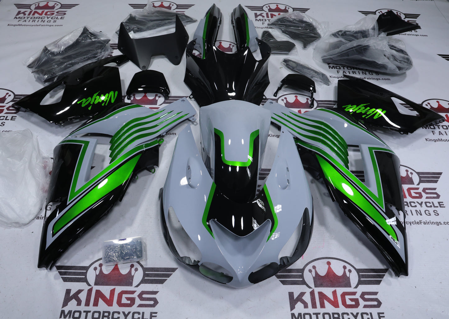 Fairings for Kawasaki ZX14R Fairings (2006-2011) Nardo Gray, Black, Green from KingsMotorcycleFairings.com