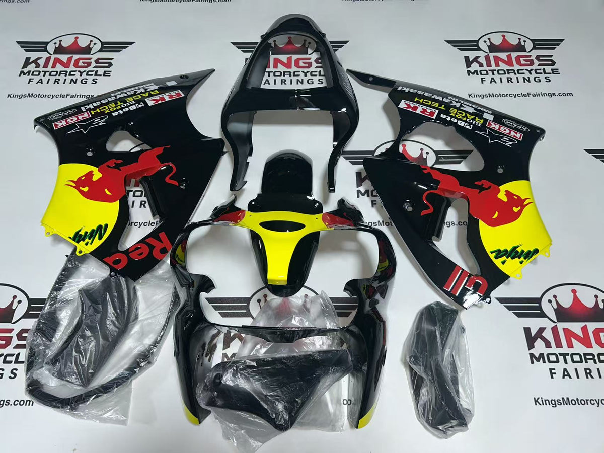 Fairings for Kawasaki ZX6R 636 (2000-2002) Black, Yellow, RedBull at KingsMotorcycleFairings.com