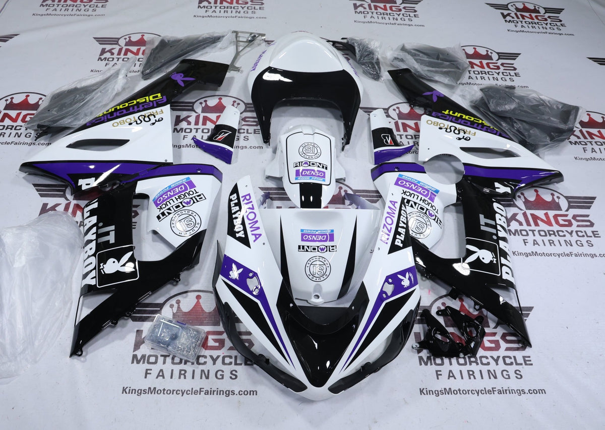 Fairings for Kawasaki ZX6R 636 (2005-2006) Black, White, Purple Playboy from KingsMotorcycleFairings.com