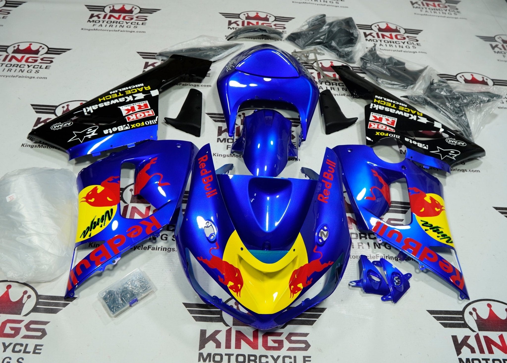 Fairings for Kawasaki ZX6R 636 (2005-2006) Blue Red Bull at KingsMotorcycleFairings.com 
