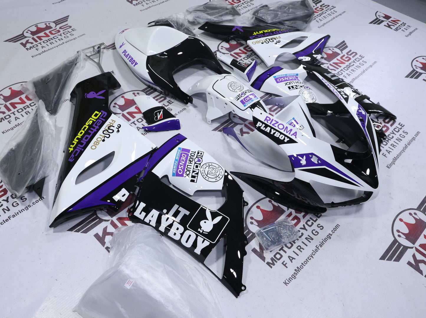 Fairings for Kawasaki ZX6R 636 (2005-2006) White, Black, Purple Playboy at KingsMotorcycleFairings.com