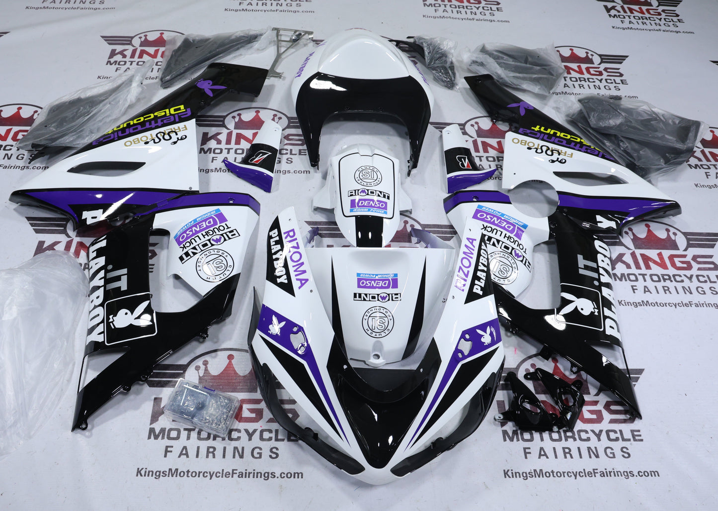 Fairings for Kawasaki ZX6R 636 (2005-2006) White, Black, Purple Playboy from KingsMotorcycleFairings.com