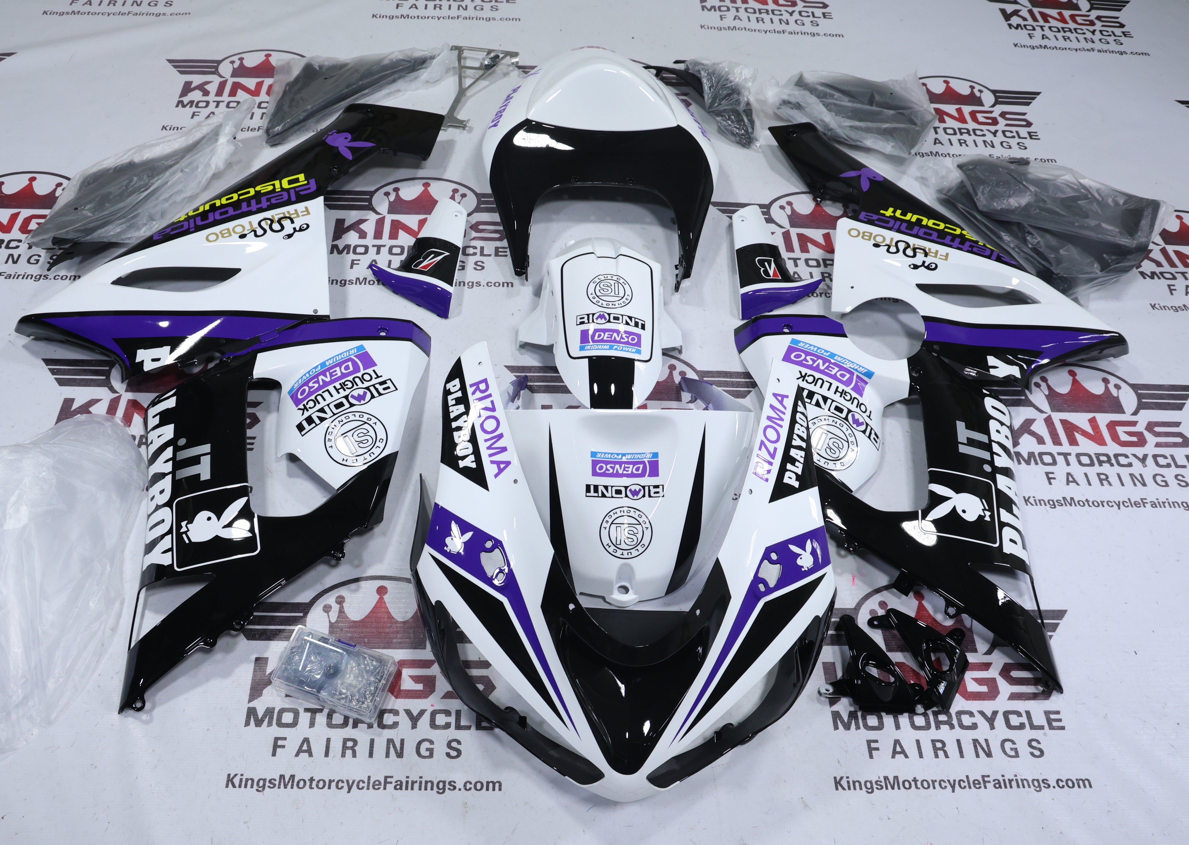 Fairings for Kawasaki ZX6R 636 (2005-2006) White, Black, Purple Playboy from KingsMotorcycleFairings.com