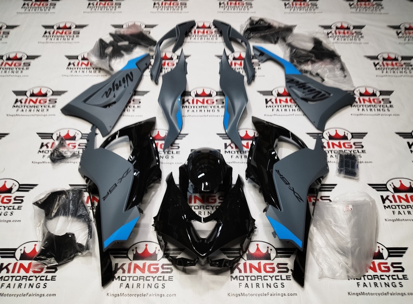Fairings for Kawasaki ZX6R 636 (2024-2025) Matte Gray, Gloss Black, Blue at KingsMotorcycleFairings.com